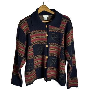Vintage K.B. Collections Knit Cardigan Sweater XL Blue Patchwork Leaves
